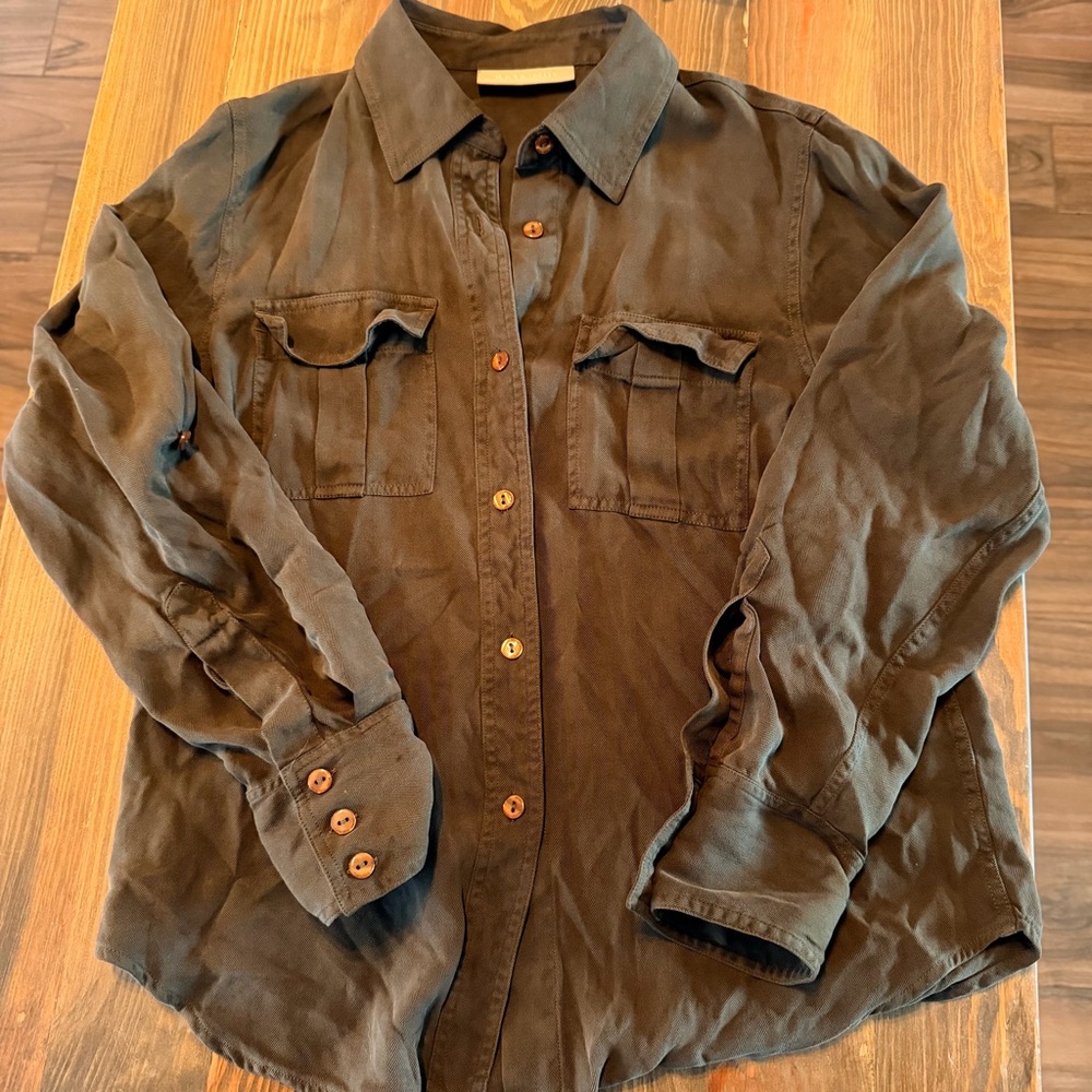 Kate‎ Hill Olive Green Silk Button Front Shirt